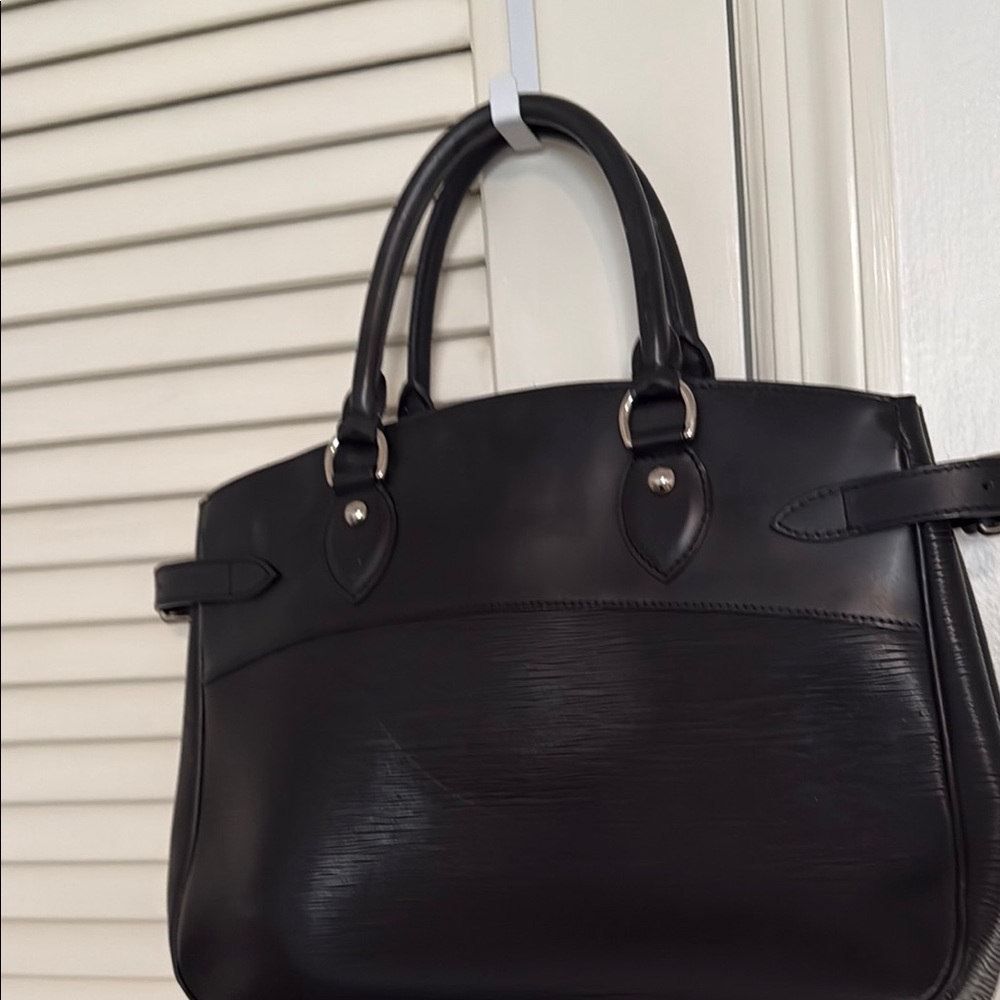 Louis Vuitton Black Leather Satchel with Structured Design